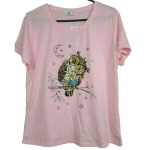 AZ Womens T-Shirt S/M Pink Owl Rhinestone Embellished Short Sleeve Novelty NWT